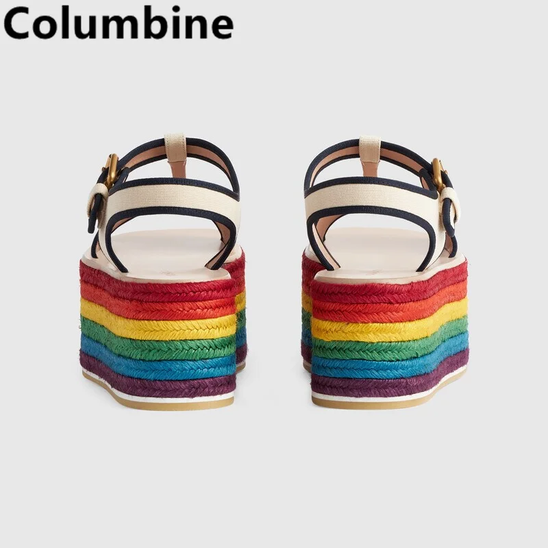 Women Rainbow Boost Platform Espadarille Sandals Open Buckle Nylon Strap Flats Casual Mixed Colors Graffiti Fashion Sewing Shoes