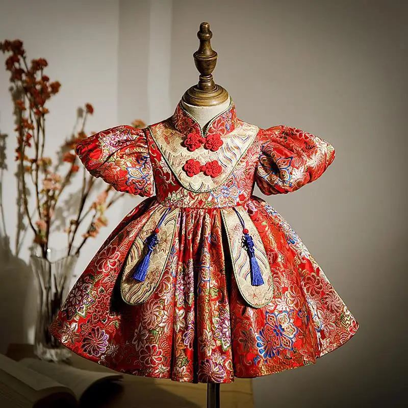 

Высококачественное платье для маленьких девочек на один год, платье принцессы с вышивкой и пышными рукавами, платье в китайском стиле для маленьких девочек на день рождения