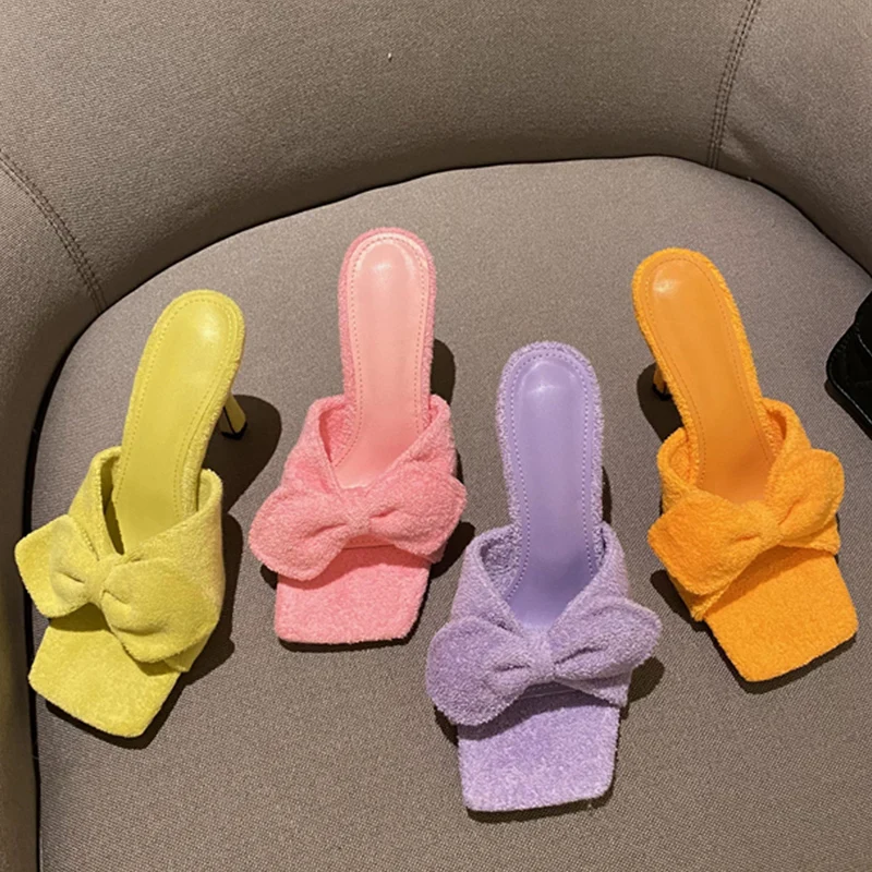 

Women Pumps Thin High Heels Slippers Butterfly-Knot Female Shoes Square Toe Casual Outside Sandals 2022 Summer Ladies Slides