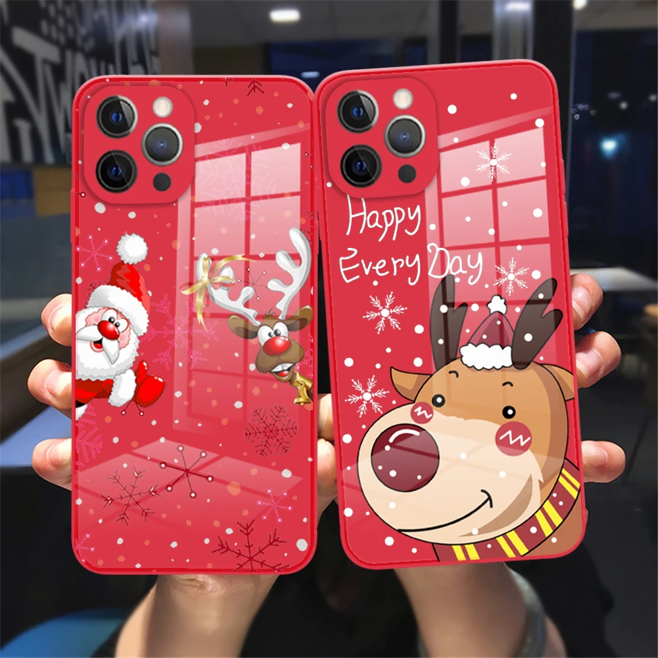 

Cute Red Elk Glass Phone Case Iphone 14 Internet Celebrity Christmas Style14 13 12 11 Promax Fashion Soft Border Fall