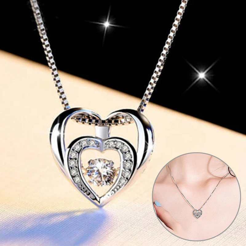 

925 Silver Plated Double Womens Necklace Jewellery Heart Zircon Pendant New UK