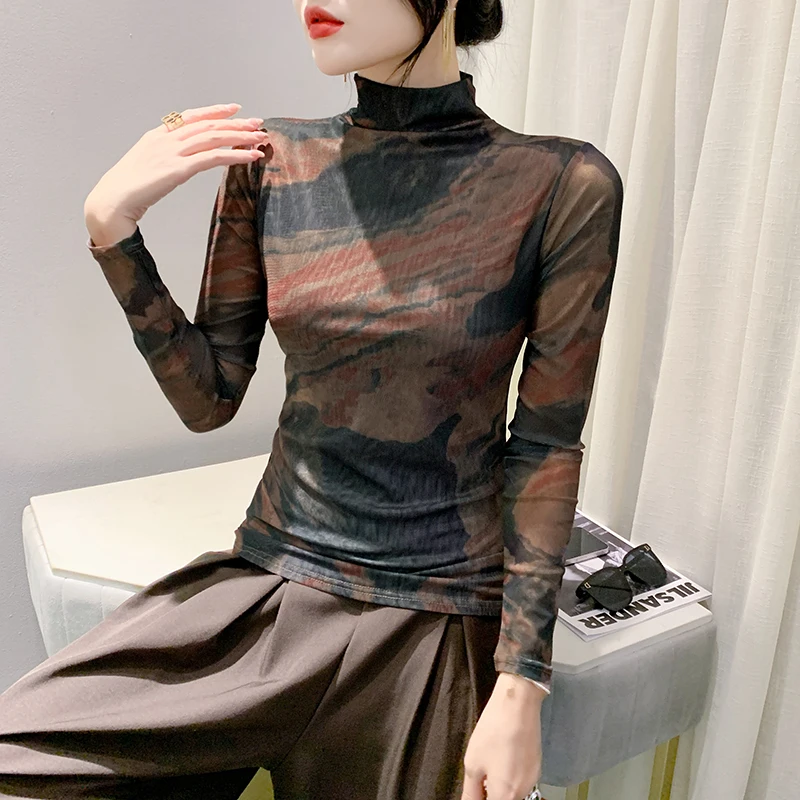 

Новинка сезона осень-зима 2023, футболка в европейском стиле с сеткой и изображением цветов, женские топы с высоким воротником и длинным рукавом, женская футболка 39262