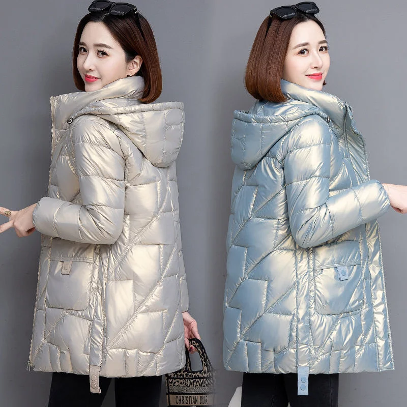 Enlarge 2023 New Glossy Down Cotton Jacket Women Winter Loose mid-length Hooded Warm Thicken Outwear Casual Female Parkas Overcoat