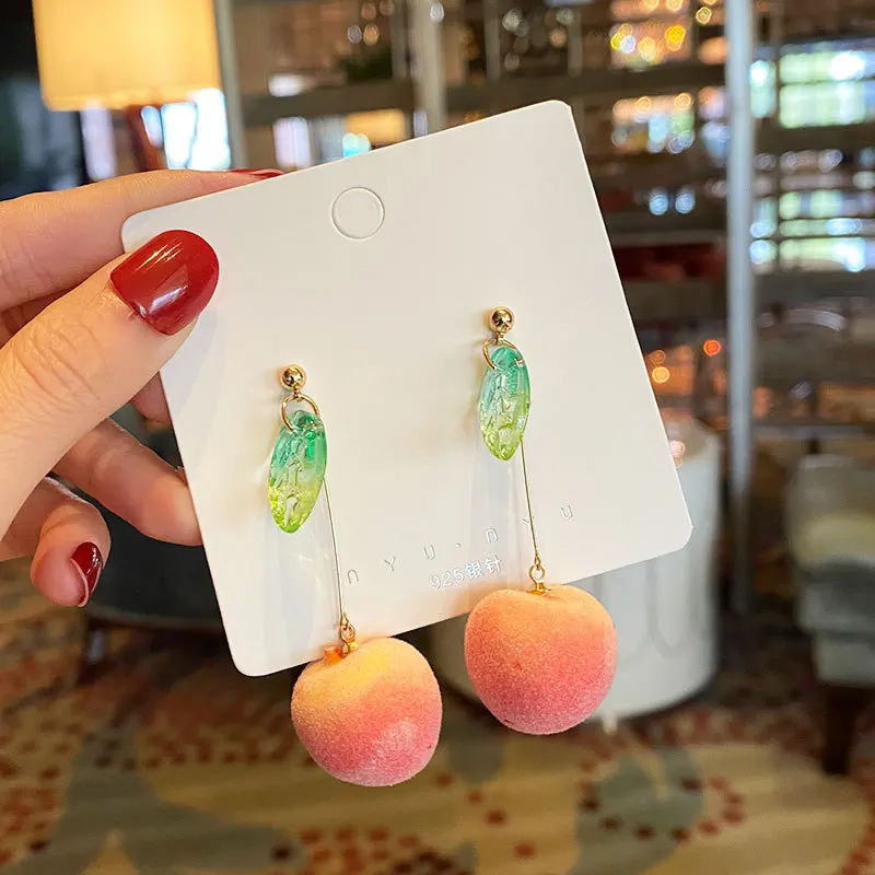 

Fashionable new simulation peach Pendant Earrings girl cute romantic sweet pink peach leaf tassel hairpin simple Party Jewelry G