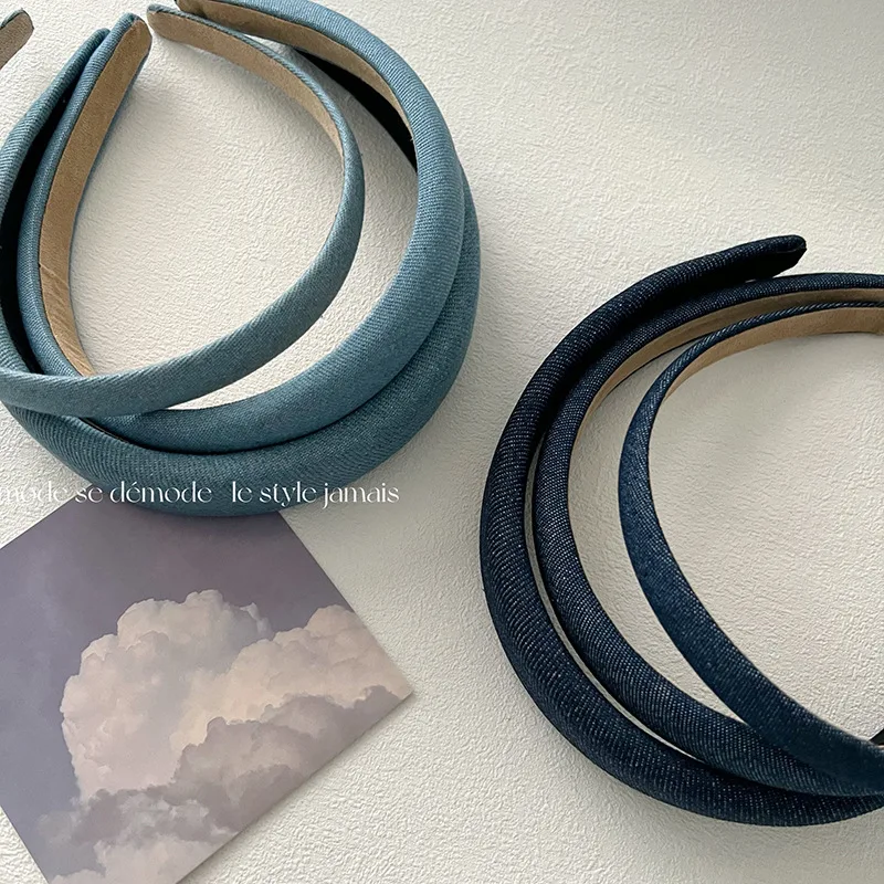 Denim Fabric Wide Thin Cross Puffy Hairbands Hair Rope Girls Women Hair Accessories