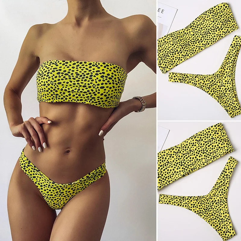

Women's Fluorescent Leopard Bikini Sexy Tube Top Swimsuit Yellow