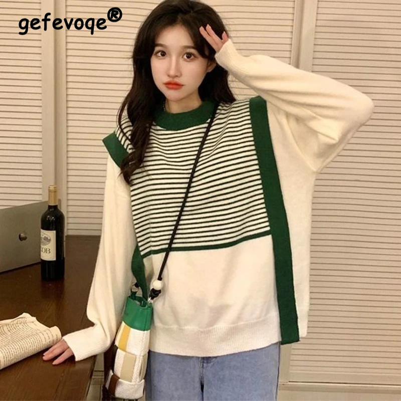 

Spring 2022 New Fake Two-piece Striped Patchwork Knitting Sweater For Korean Women Autumn Winter Top Round Neck Chic Jumper Tops