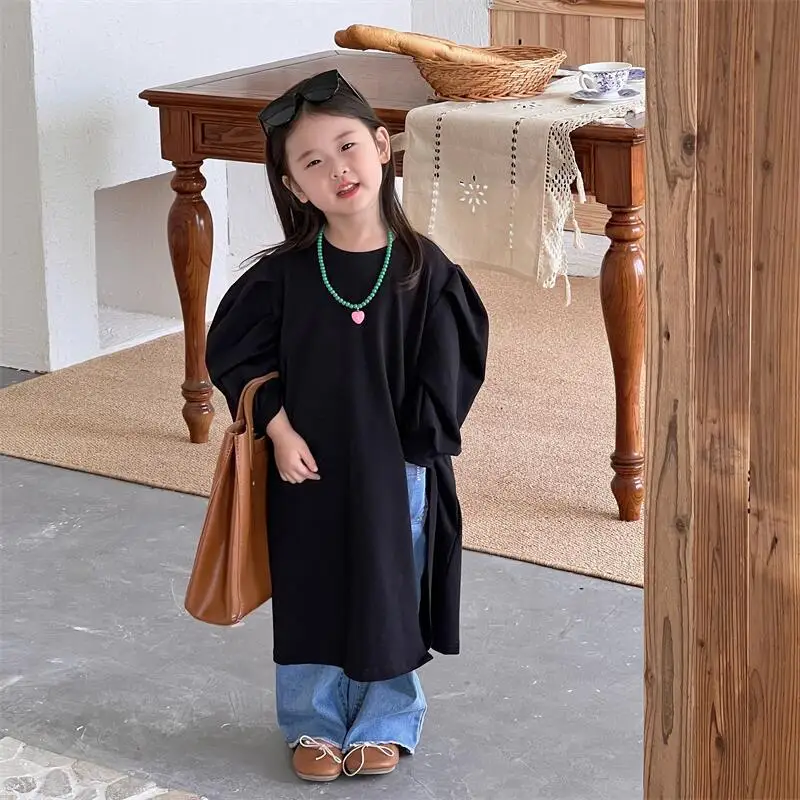 

Korean Children's Clothing 2022 Autumn New Girls' T-shirt Long Slit Minimalist Long Sleeve Solid Color Bottoming Shirt