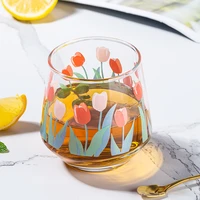 tulip flower glass ins nordic print modern minimalist style milk tea cup girl breakfast milk cup personal business gift