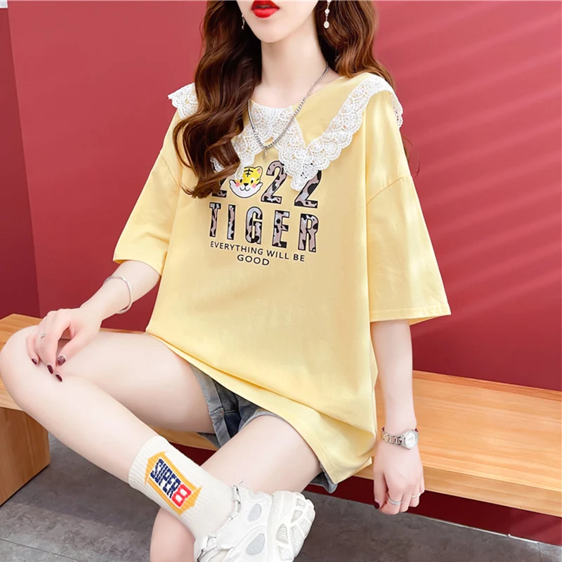 

Summer plus Size Women's Clothes 2022new Peter Pan Collar Short-Sleeved T-shirt Women's Loose Plump Girls Design Sense Niche Top