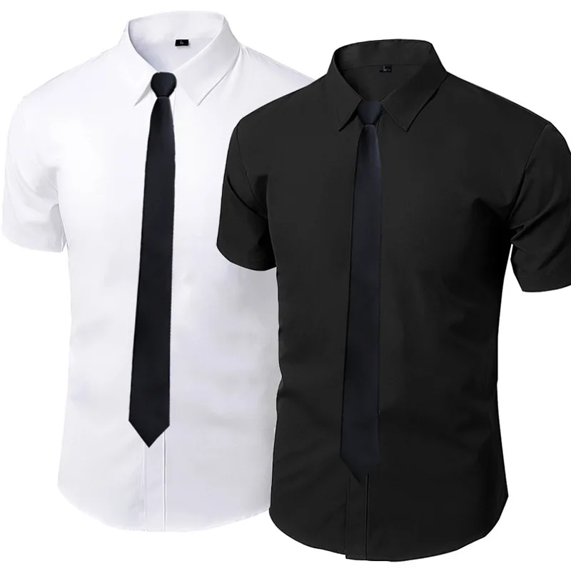 

Summer Dress Social Shirts Men Non-iron Workwear Male Short Sleeve Slim Shirt White Black Branded Men's Clothing 4XL Vintage