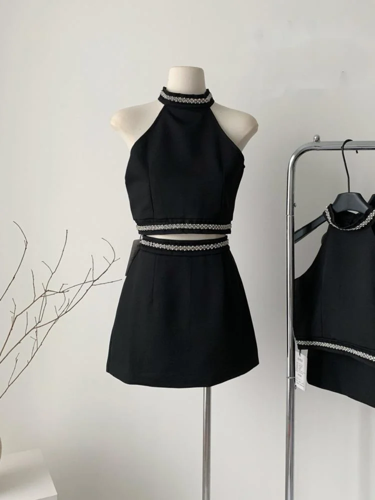 

New Collection Sleeveless Halter Beading Luxury 2 Piece Set Sexy Top & Vest Short Skirt Outfits Sparkling Diamond Woman Clothes