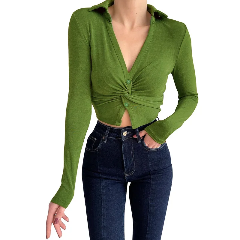 

Женский трикотажный кардиган с длинным рукавом, однотонная модная плиссированная короткая футболка с V-образным вырезом и открытым пупком, ...