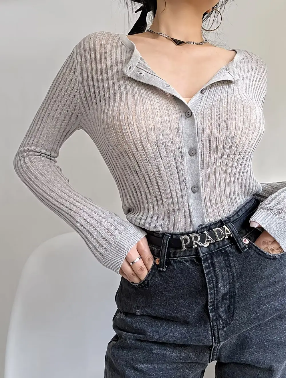 

2023 New Women Long Sleeve Knitted High Stretchable Slim top Midi Knitted Sexy Hollow out perspective sun protection cardigan