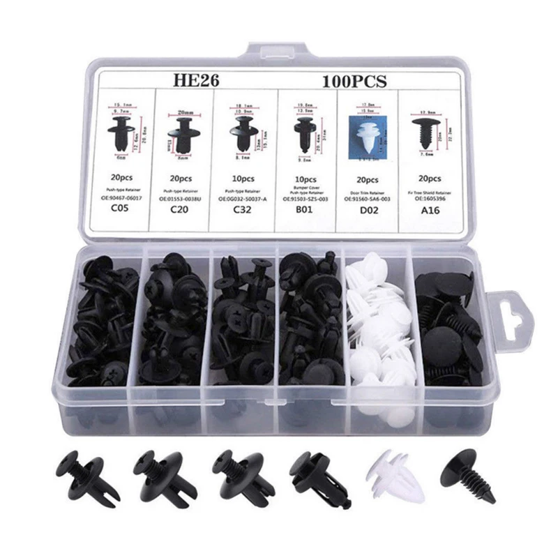 

6 Sizes 100pcs Fastener Kit Auto Fastener Car Clips Mixed Body Push Retainer Pin Rivet Bumper Door Trim Panel Retainer