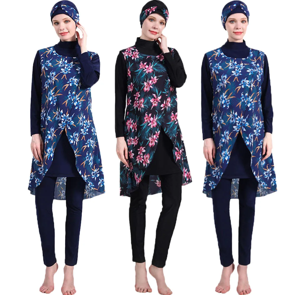 

Women Muslim Swimwears Long Sleeves Sport swimming Togs Printed Stretch Full Cover Hijab 4pcs lslamic Burkinis Wear Bathing Suit