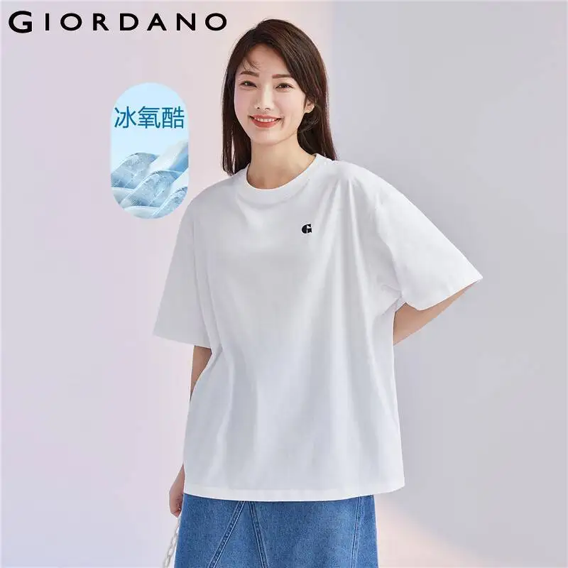 

GIORDANO Women T-Shirts High-Tech Cooling Summer Tshirts Short Sleeve Letter Print Crewneck Comfort Loose Casual Tee 05323400