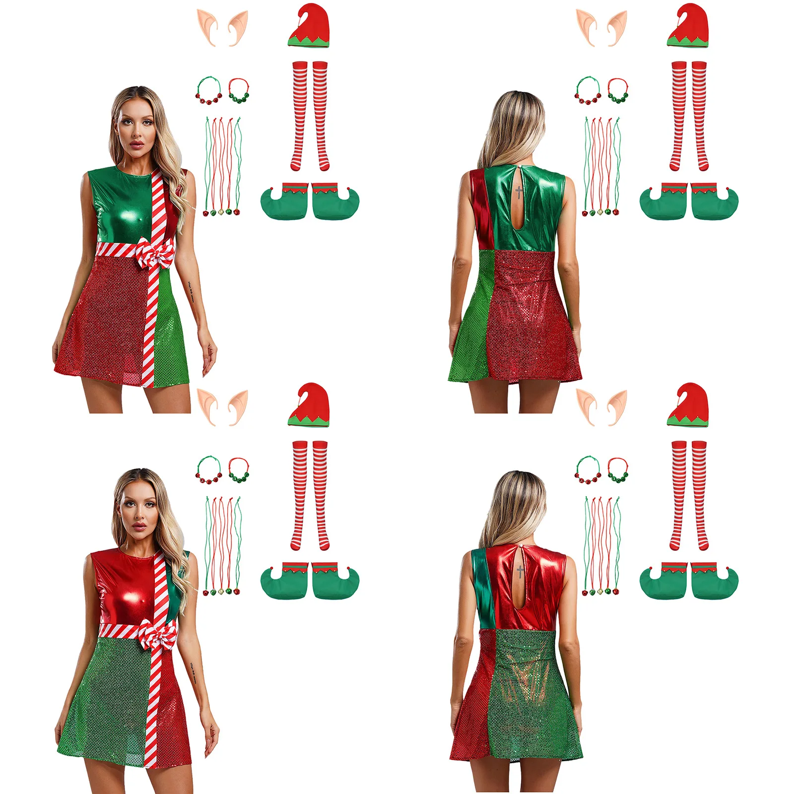 7 шт. женский рождественский костюм платье без рукавов с блестками и бантом шляпа