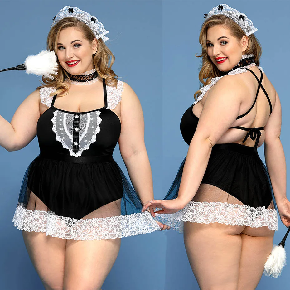 

JSY Plus Size Sexy Maid Uniform Cosplay Lingerie Set Black Lace Women's Dress Underwear Sexy Role Play Outfits Erotic Costumes