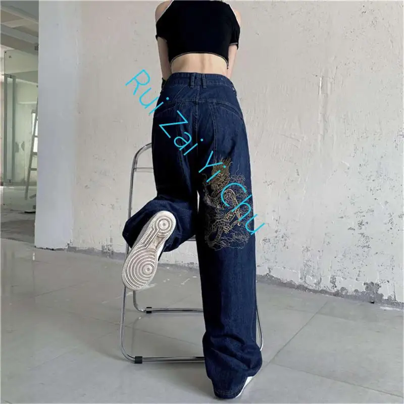 Embroidered Straight Jeans Women Y2K New Hip Hop Joker High Waist Wide Leg Pants Casual Trend Jeans American Retro Street Loose
