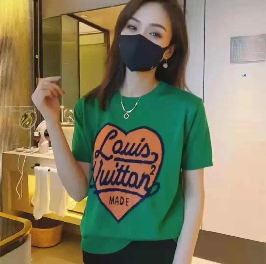 

White Love Short-sleeved Sweater Women's Knitted T-shirt Green Summer Loose Fashion Printing Ice Silk Knitwear Tops Female топ