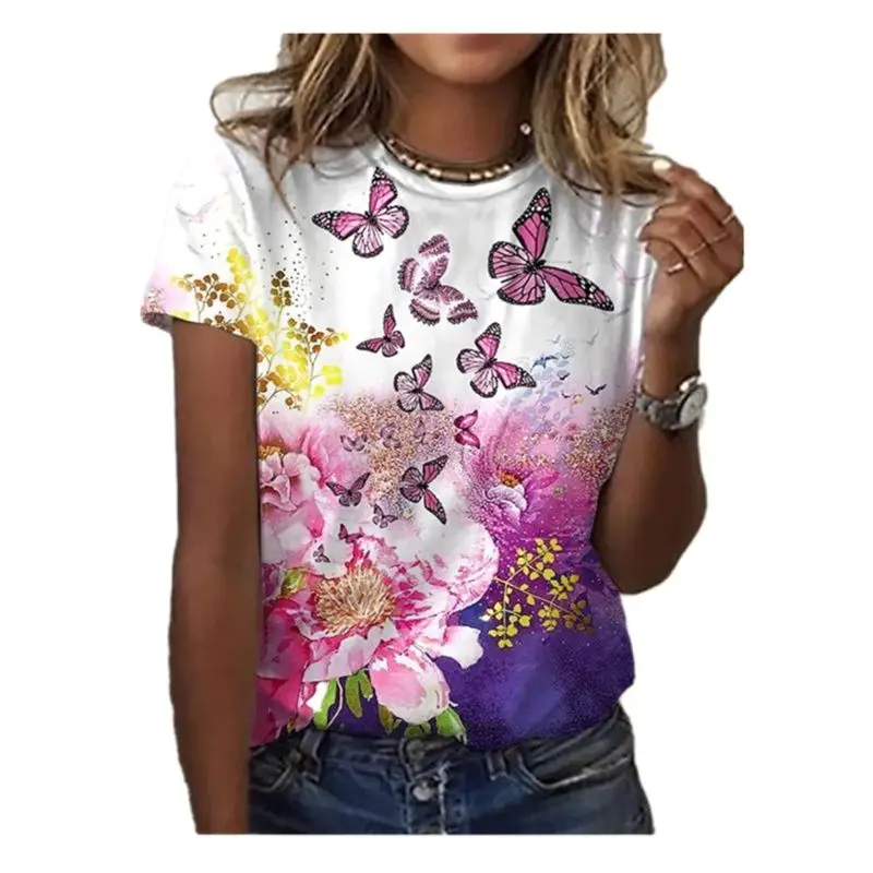 

Women's Crew Neck T-Shirt Summer Fashion 3D Floral Pattern Digital Print Casual Short Sleeve Street Everyday Oversized Top
