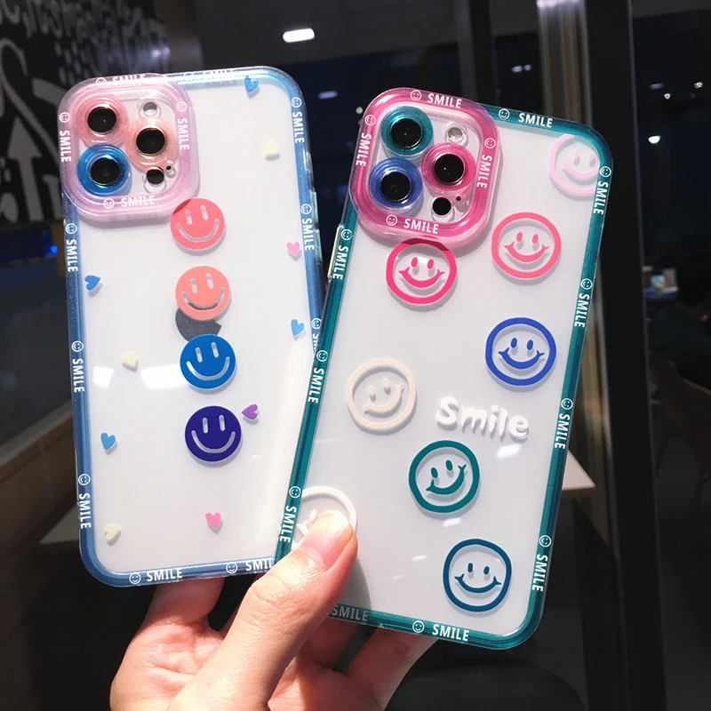 

Cute Color Smiley Clear Square Soft Phone Case For iPhone 13 12 11 Pro Max X XR SE2 7 8 Plus Xs Max Luxury Silicone Camera Cover