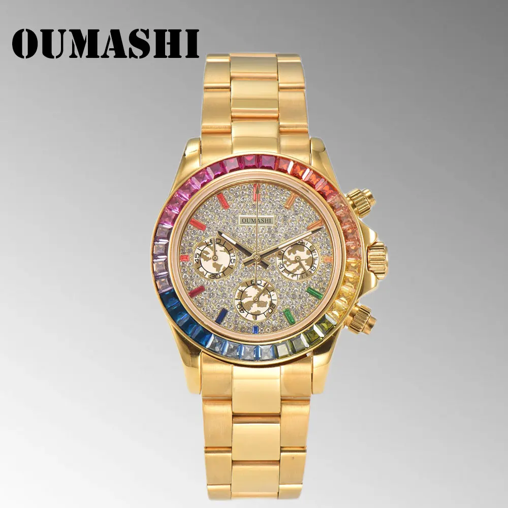 

Rainbow Diamond Gem VK63 Movement OUMASHI-DTN Men's Watch Panda Three Eyes Watch Sapphire Stainless Steel