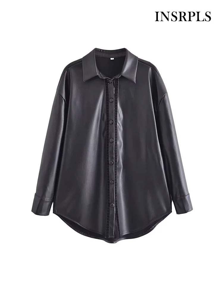 

INSRPLS Women Fashion With Lace Faux Leather Jacket Coat Vintage Long Sleeve Front Button Female Outerwear Chic Overshirts