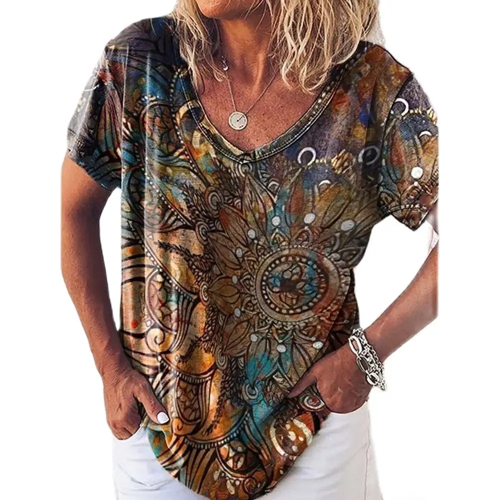 Новинка лета 2022 топы с коротким рукавом и цветочным принтом племени весенний