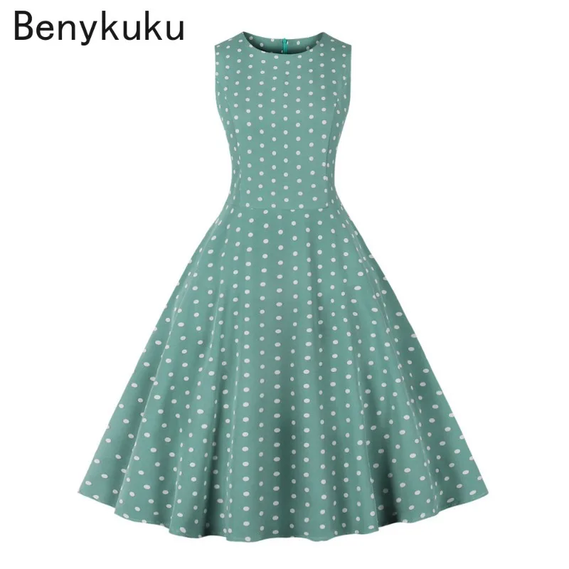 Женское винтажное платье в горошек черный сарафан без рукавов с круглым вырезом