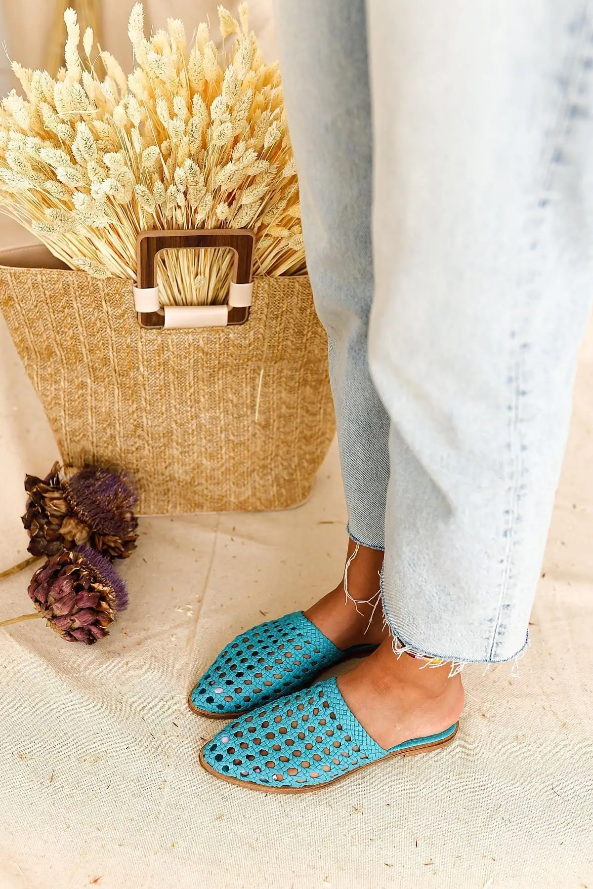 

Women's Water Green Anais Mesh Detailed Flat Slippers