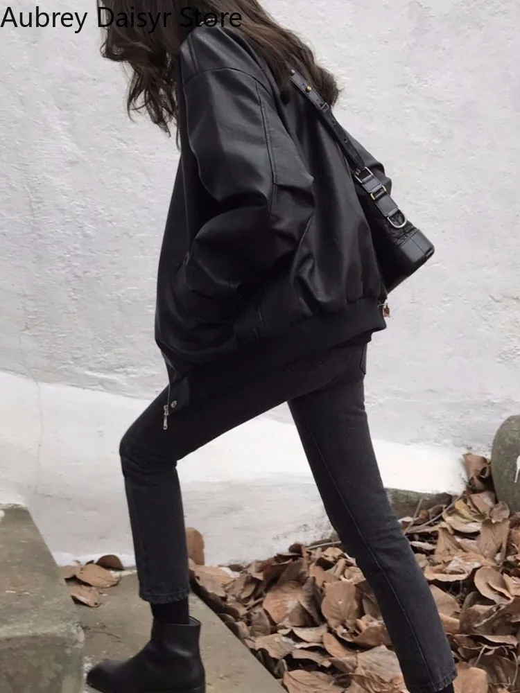 Korean Fashion Black Leather Jacket Women Outwear Moto Biker Zipper Pu Coat Winter Warm Loose Streetwear Faux Leather Jacket Y2k