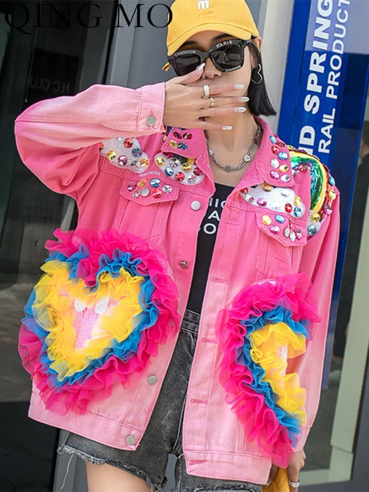 

QING MO Women Heart-shaped Pattern Denim Coat Loose Heavy Industry Lace Splicing Diamonds Long Sleeve Coat 2023 Autumn LHX1088A