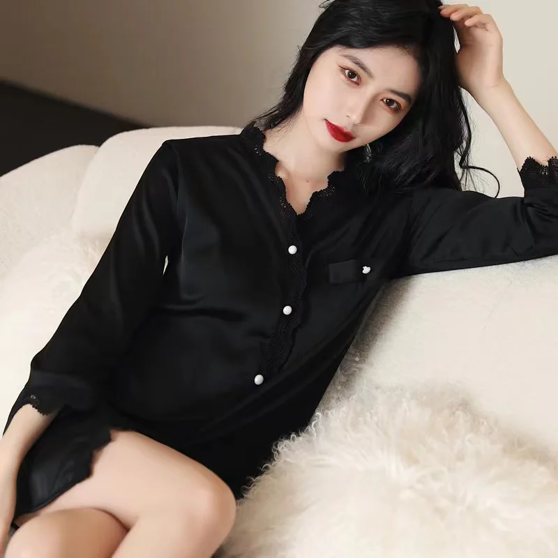 Spring And Summer Sexy Cardigan Solid Color Long-Sleeved Ice Silk Casual Home Service Pajamas Nightdress Women