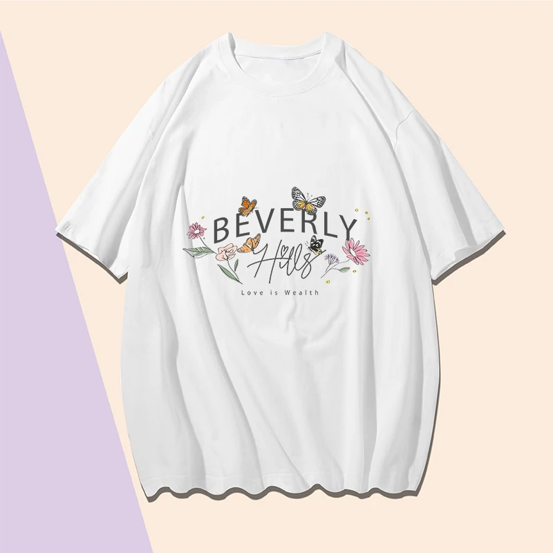

Printing Tshirt Butterfly Flower Letter L XL XXL XXXL White Round Neck Cotton Man Casual T-shirt Large Size Clothing