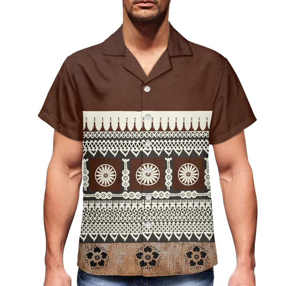 

Casual Summer Beachwear Loose Aloha Hawaiian Shirts Button Down Polynesian Tribal Clothing Fijian Masi Tapa Floral Print Men