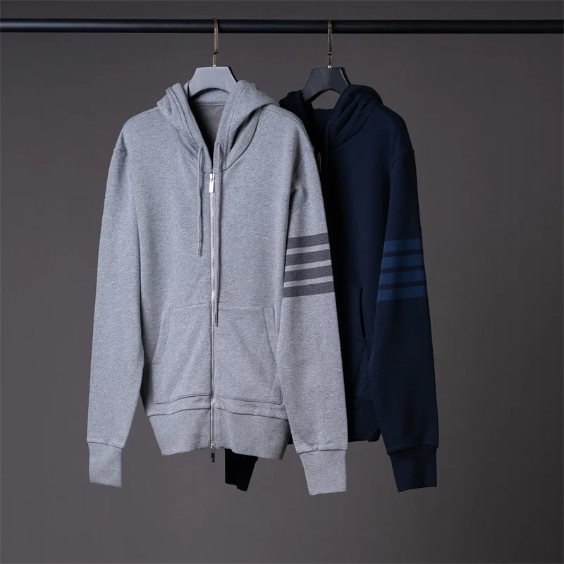 

Sweatshirts TB THOM Man Autunm Korean Fashion Hoodies Cotton Jersey 4-Bar Stripes Zip-up Hooded Sweatshirts Streetwear Coats