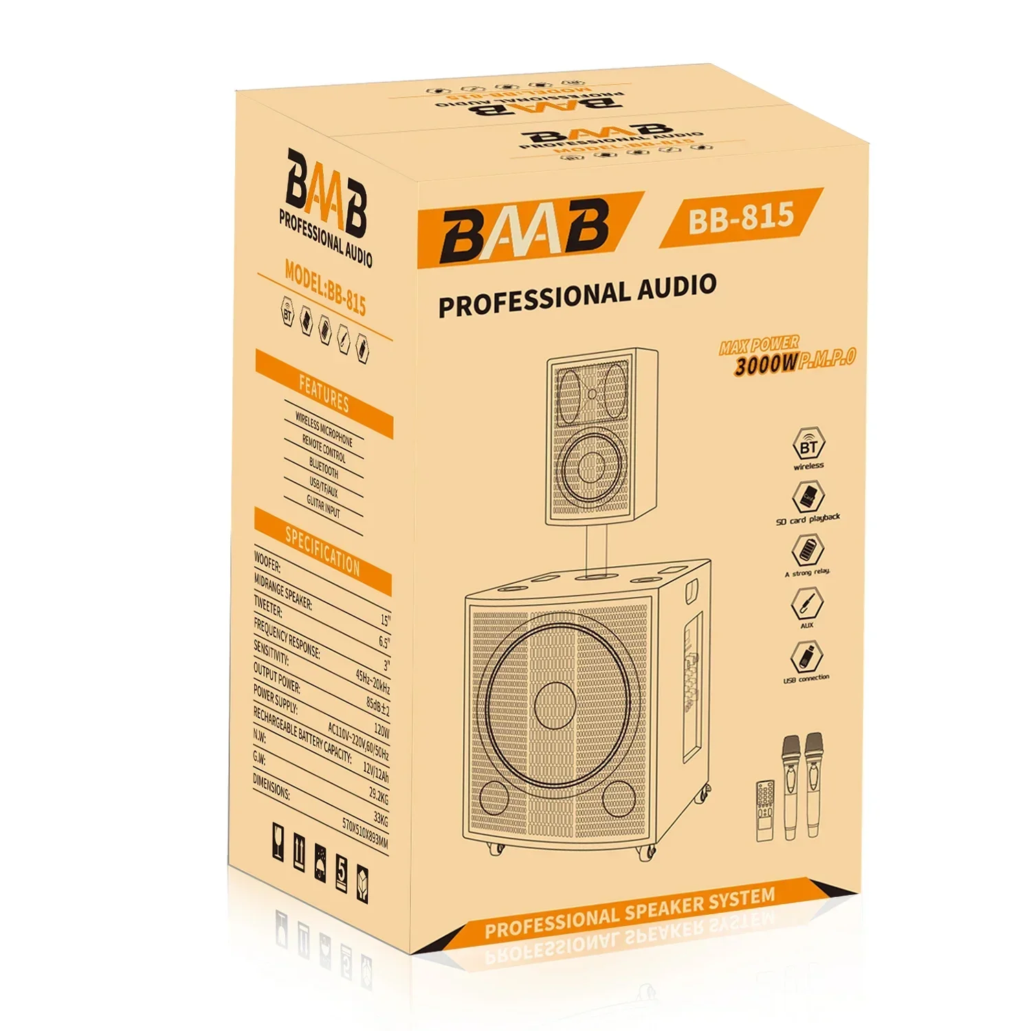 Фото Профессиональные мощные 15-дюймовые басовые караоке-колонки BB-815 с микрофоном, деревянные, с Bluetooth, для улицы, на колесиках, для свадеб №1