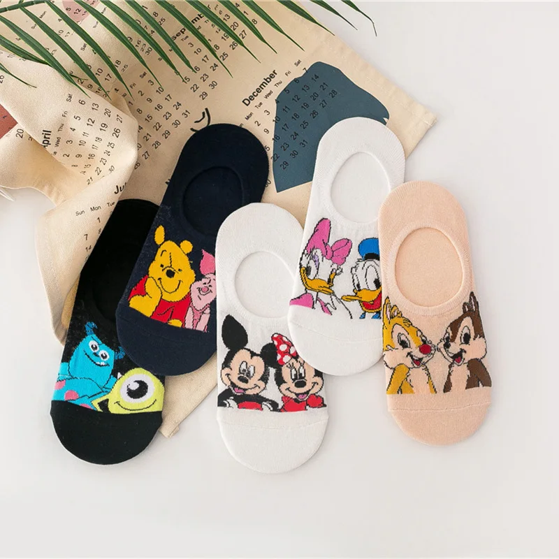 

5Pcs Disney Fashion Women Sock Cartoon Mickey Winnie Pooh Donald Duck Cotton Kawaii Invisible Sock Shallow Mouth Cute Print Sock