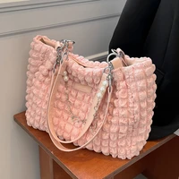 fashion personality bubble pleated fabric tote shoulder bags for women 2022 trend pearl chain shopper ladies handbags pink white