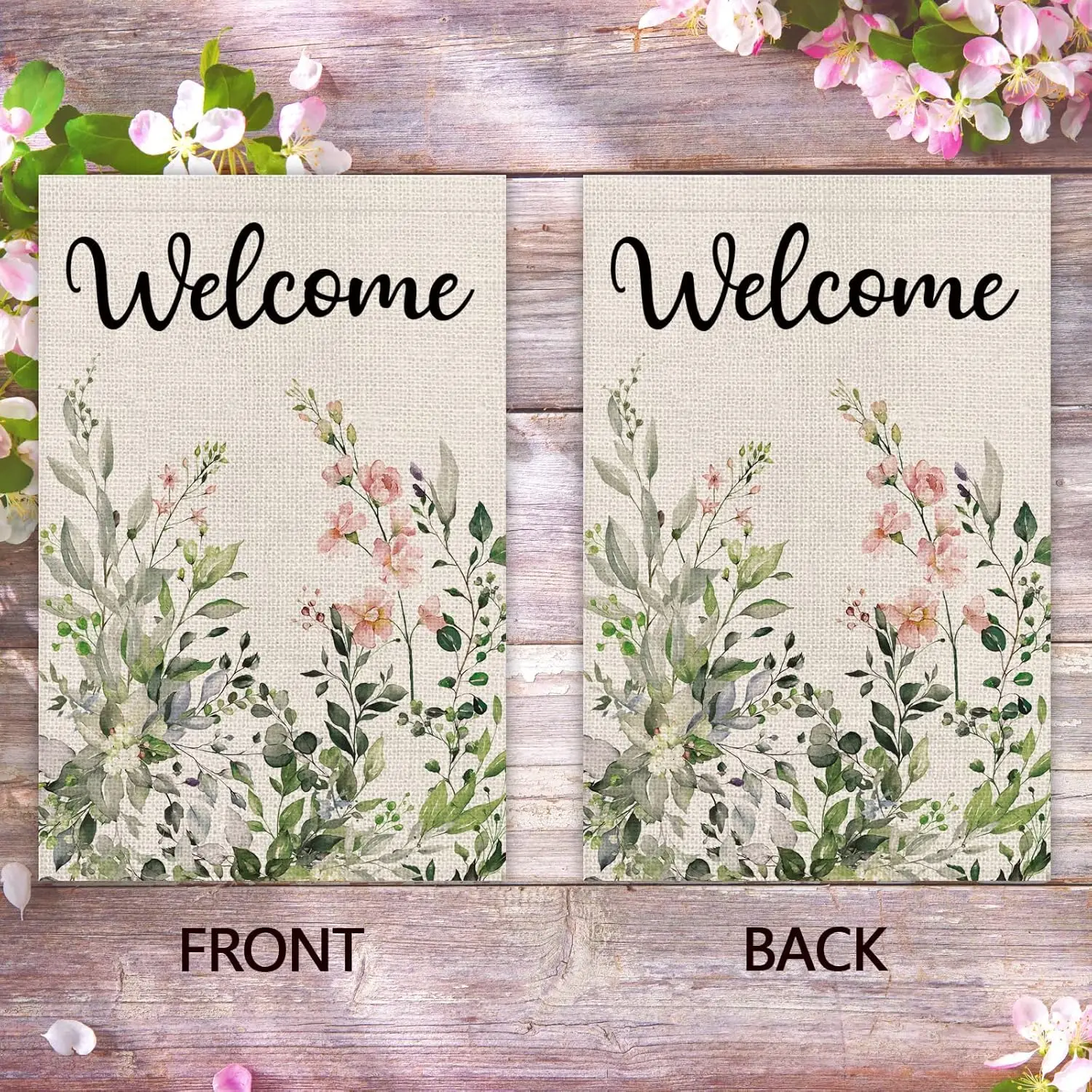 Фото Двусторонний вертикальный садовый флаг Texupday Welcome из мешковины с зелеными листьями эвкалипта и цветочным декором для весны и лета №5