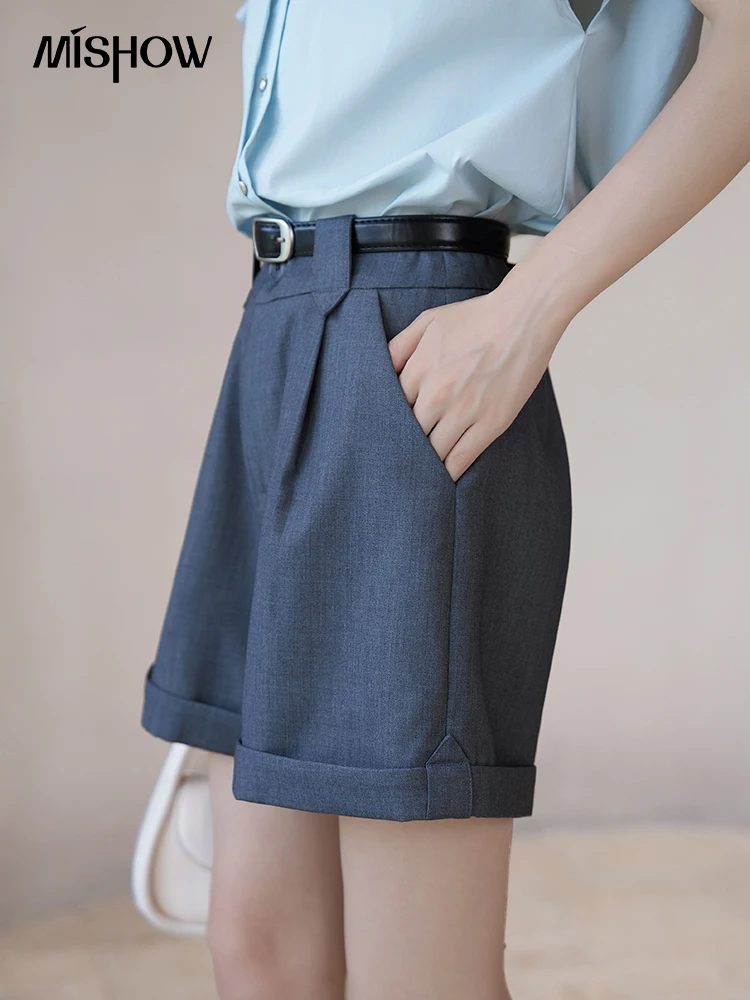 MISHOW Women's with Belt Casual Suit Shorts 2023 Summer Solid Loose Fit Hem Curling Wide Leg Short Pants Office Lady MXC39K0090