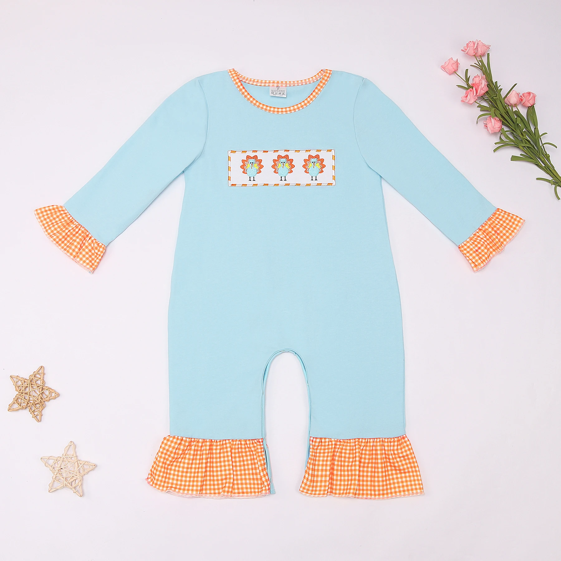 2023 New Turkey Girls Bubble Baby Halloween Clothes Kid Sky Blue Lace Pants One Piece Cotton Solid Round Neck Crawling Suit
