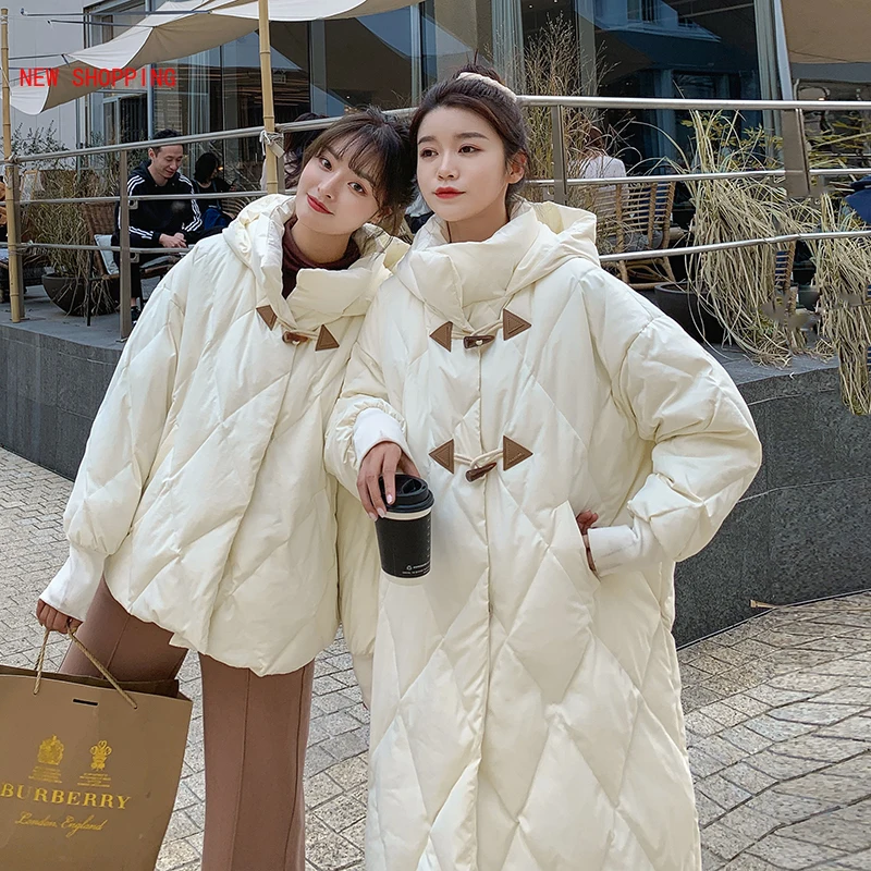 

Women Winter Horn Buttons Parkas Oversized Beige Long Cotton Coat Black Hooded Thick Jacket Full Sleeve Loose Overcoat Fashion