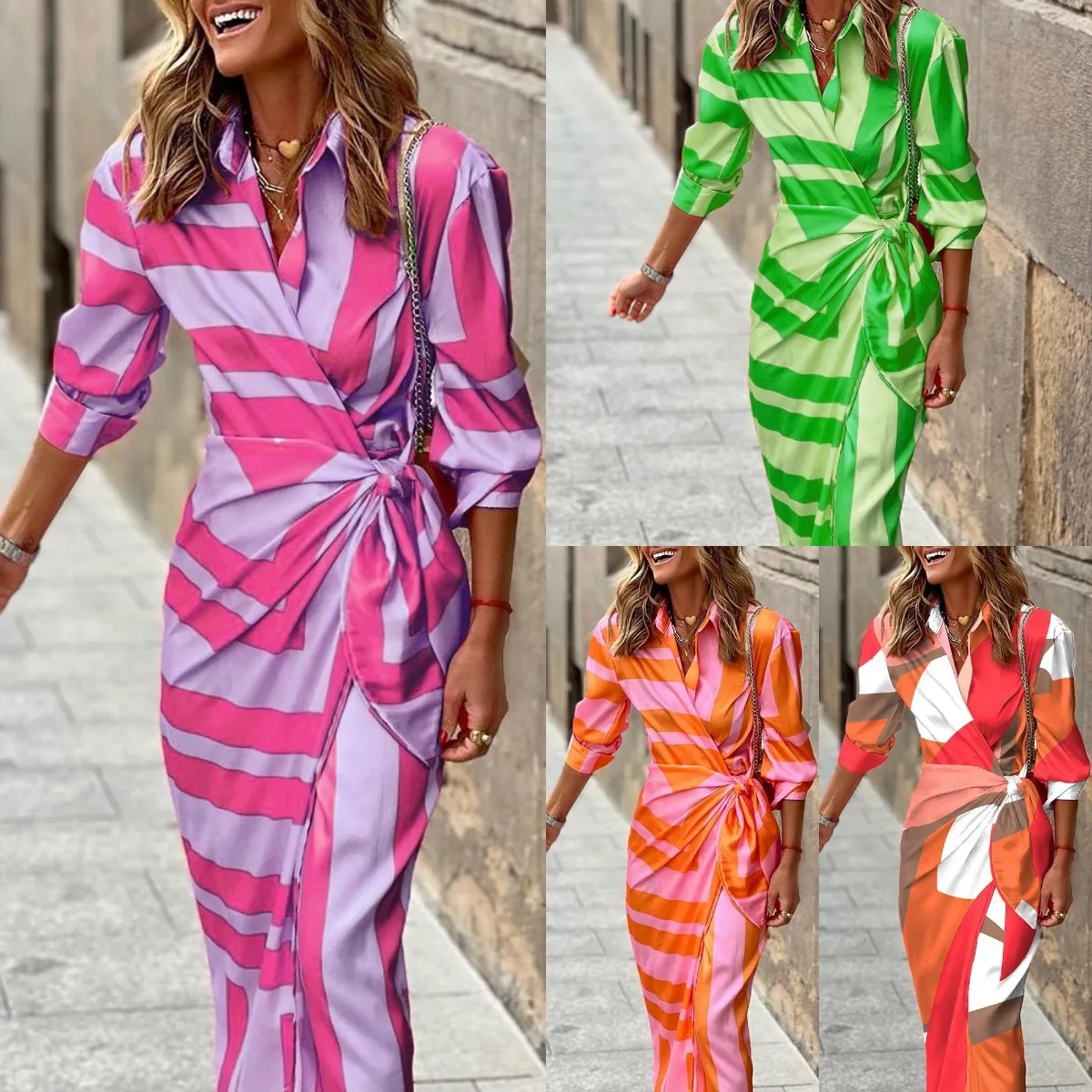 

2022 autumn new fashion print shirt collar tie mid-length striped dress