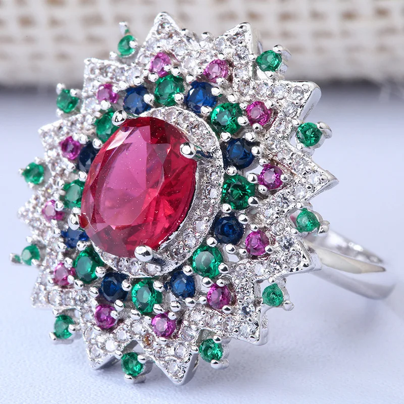 

New Luxury Fashion Four Prong Red Zircon Ring Set with Colorful Zircon Jewelry for Women Girl Gift