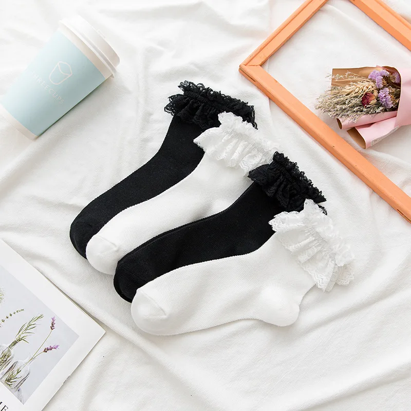 Women Socks Lace Lolita Jk Japanese Style White Black Solid kawaii Girl Cotton Cute Ankle Socks For Famale носки женские Kawaii
