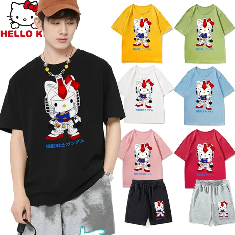 

Sanrio Hellokitty KT Cat Anime Universal Couples T-Shirt With Cotton Cartoon Print Summer Top And Shorts Suit Trend Co-branded