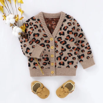 New Newborn Baby Boy Girl Clothes Leopard Print Sweater V-neck Button-up Knitted Cardigan Kids Casual Tops for Autumn Winter